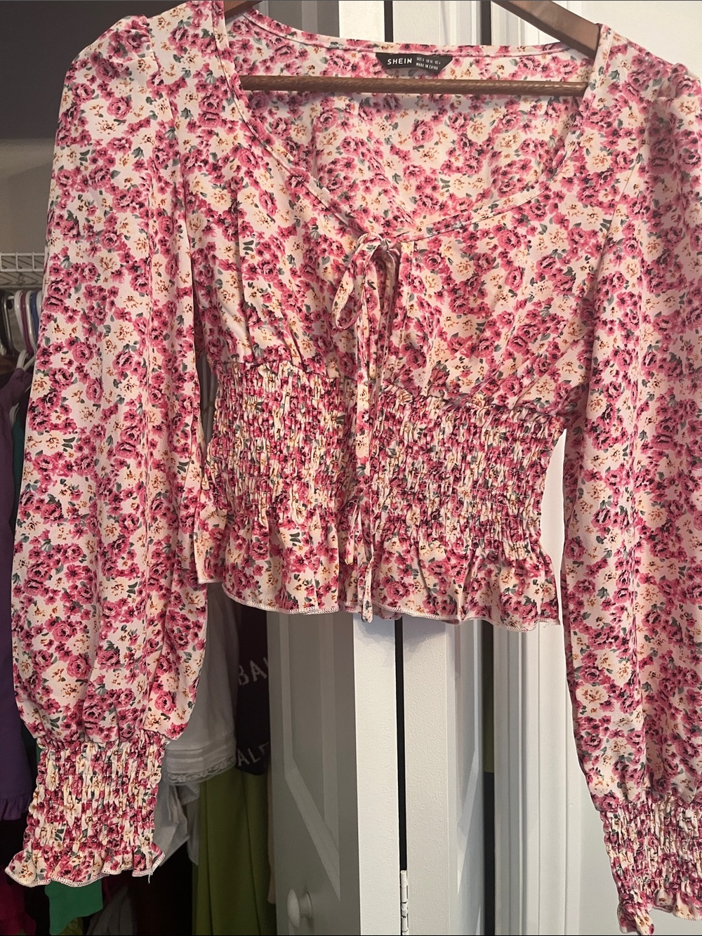 SHEIN Pink Floral Smocked Tie-Front Long Sleeve Top